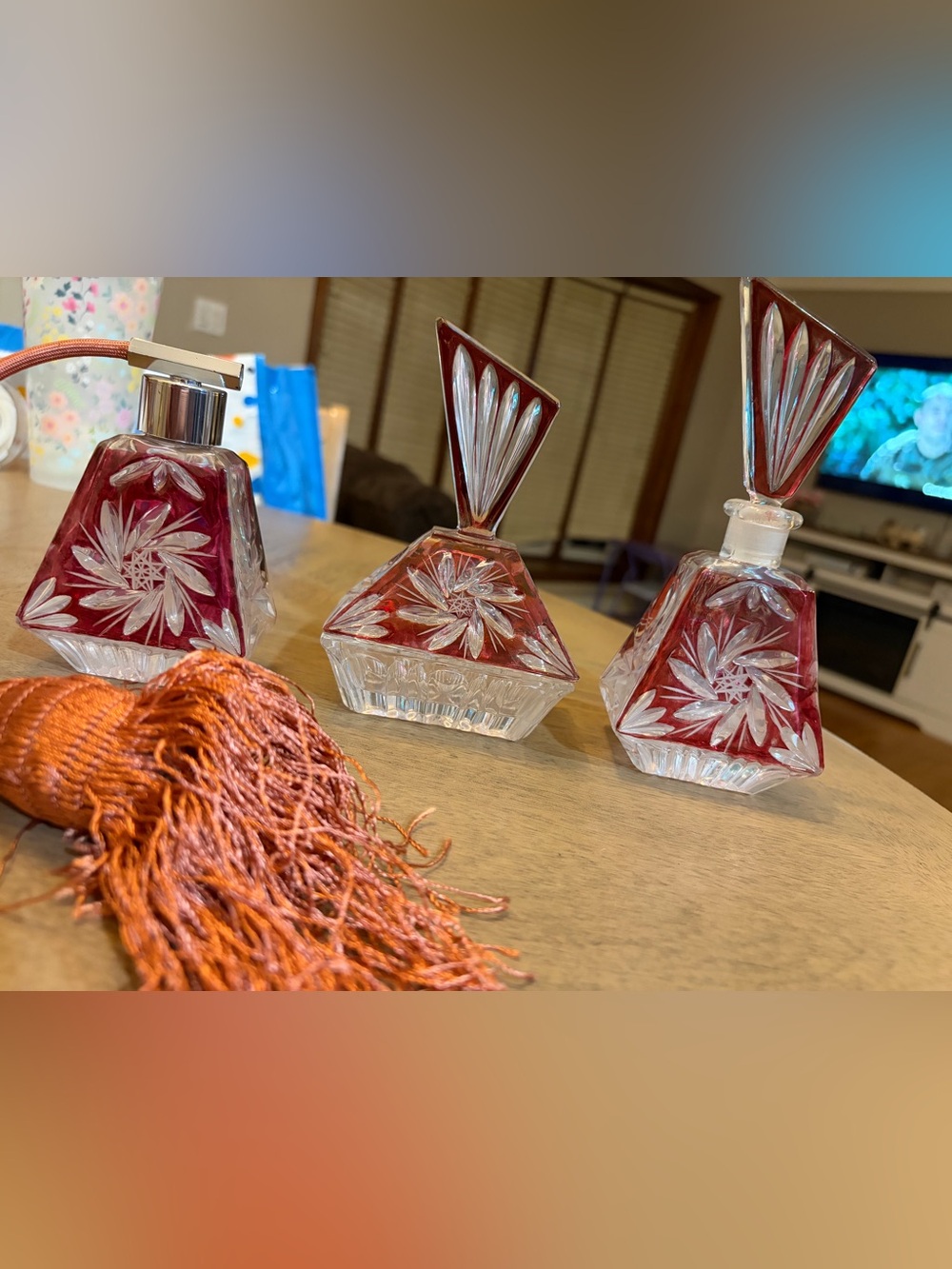 Ruby Cut Glass Perfume Bottle Set - Elegant Home Art Accent